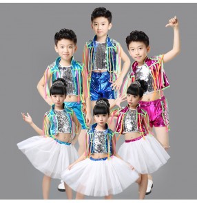 Fuchsia blue silver sequins fringe glitter leather fashion girls kids children boys school play competition performance jazz hip hop dance costumes outfits